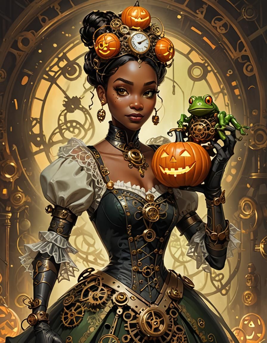 Steampunk Tiana Automaton with Jack-o'-Lantern