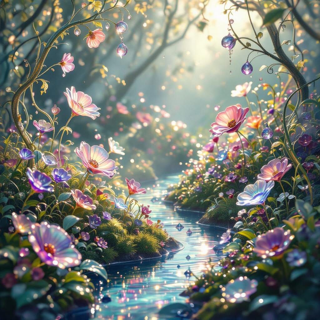 Shimmering Glass Garden with Ethereal Fog