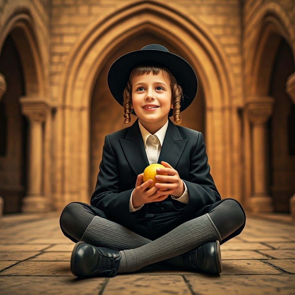 Jewish Boy with Lemon in Sun-Drenched Courtyard