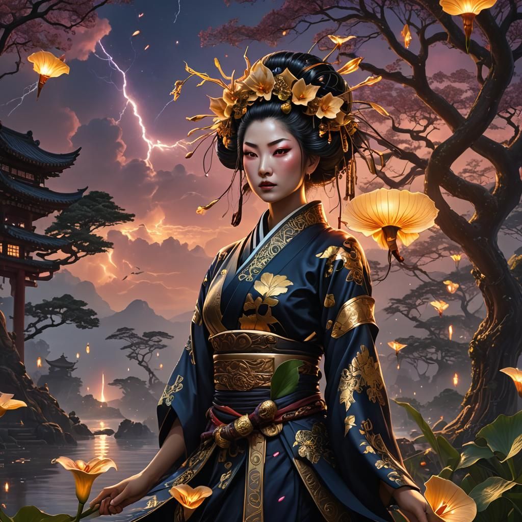 Geisha Warrior with Fireflies, Dark Fantasy Concept Art