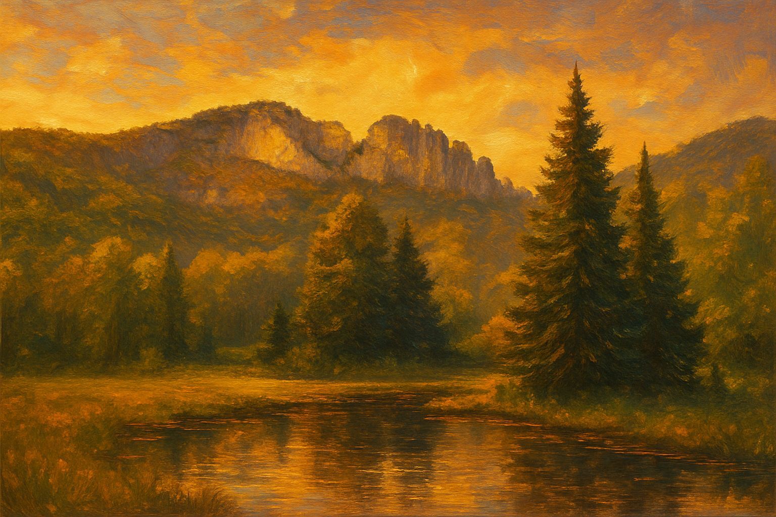 Golden Hour Spruce Trees Reflected in Pond Oil Painting