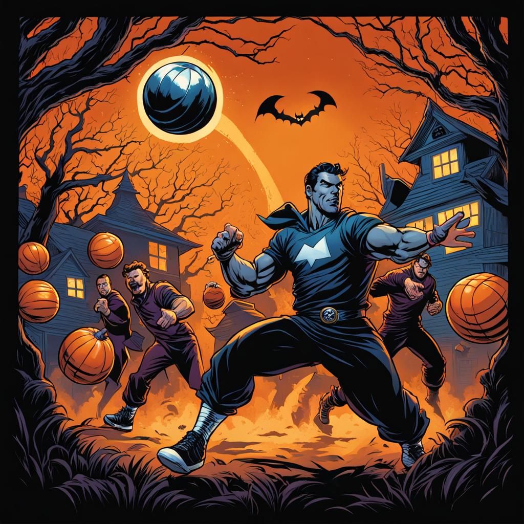 Halloween Character Throwing Dodgeball: Comic Book Art