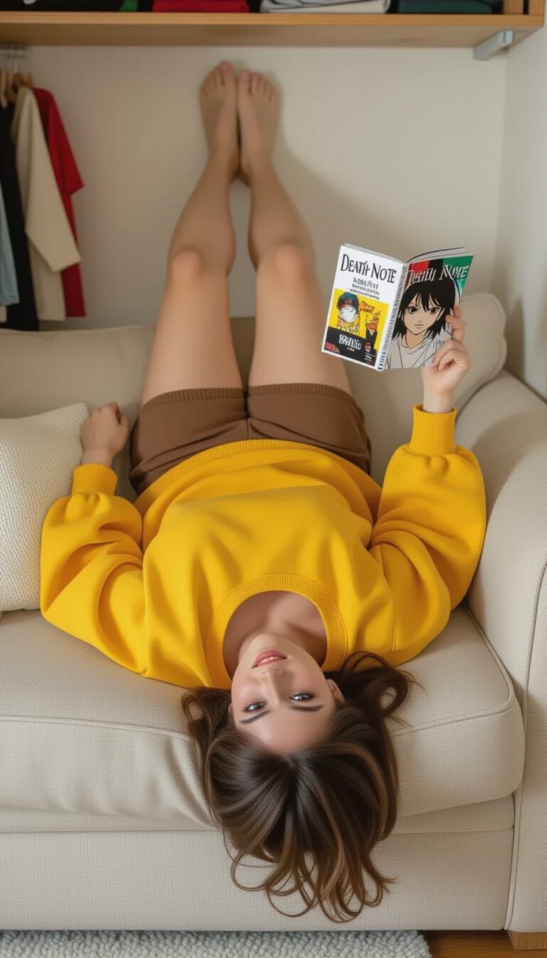 Woman Reading Manga Upside Down in Cozy Closet