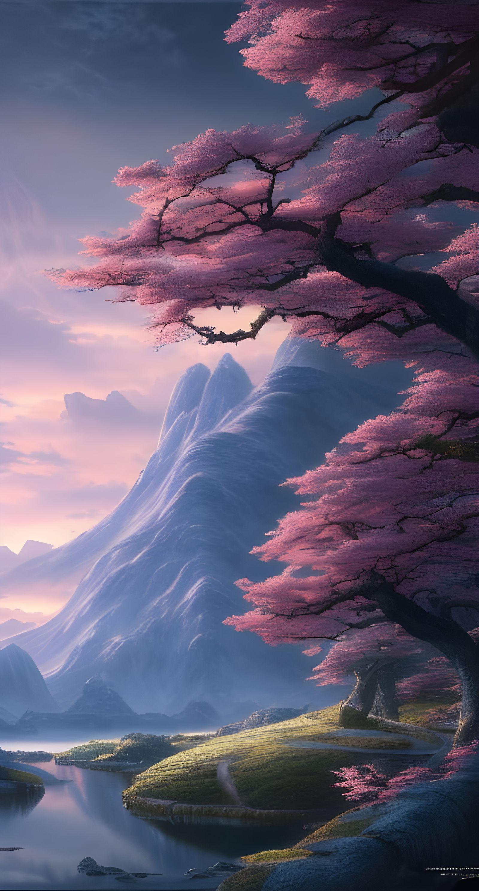 Magical Japanese Mountain Sunset: Detailed Digital Art