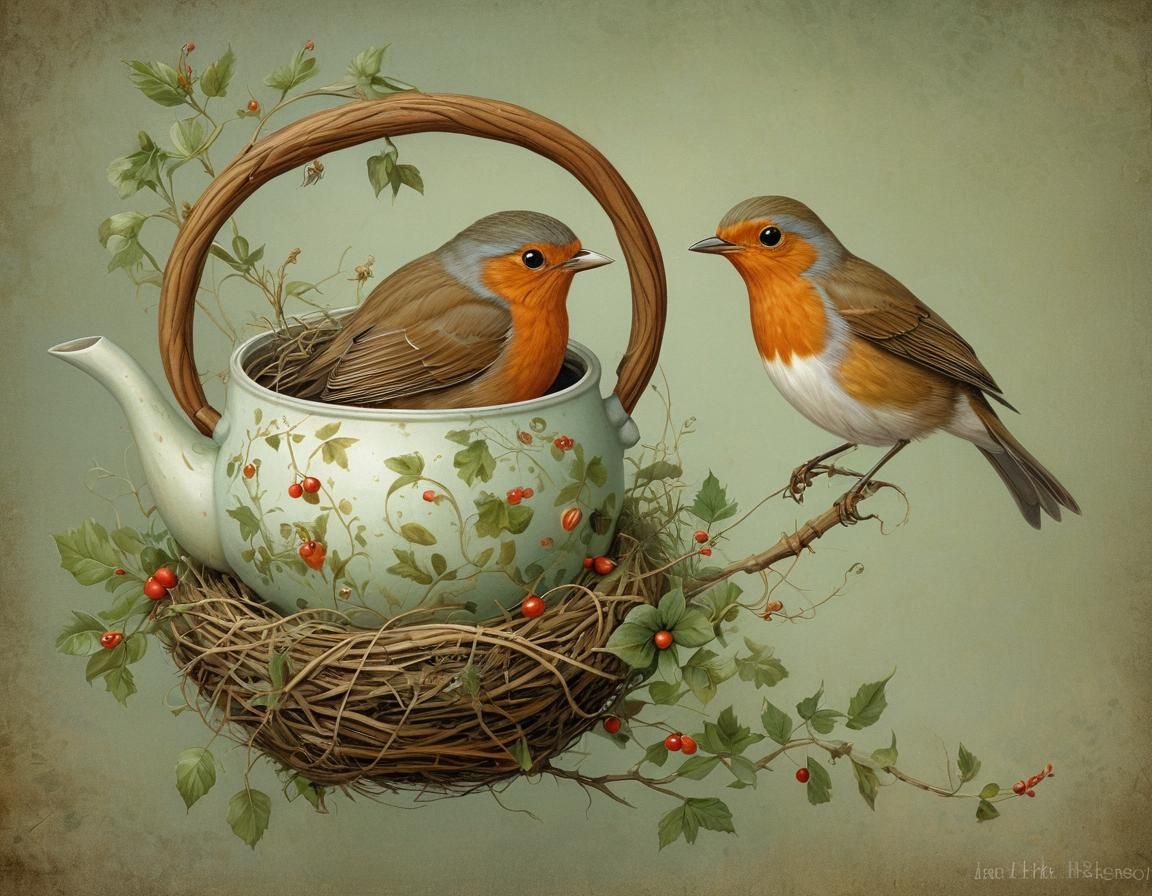 Whimsical Storybook Robin Teapot Nest Scene