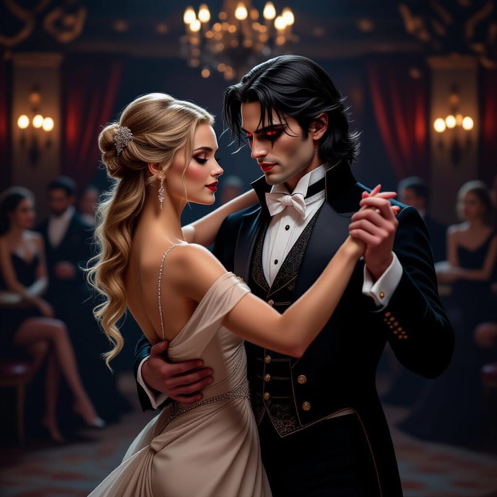 Couple Waltzing in Dark Ballroom Gothic Vampire and Angelic ...