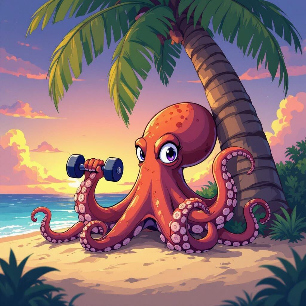 Anime Octopus Arm Curling by Palm Tree at Twilight