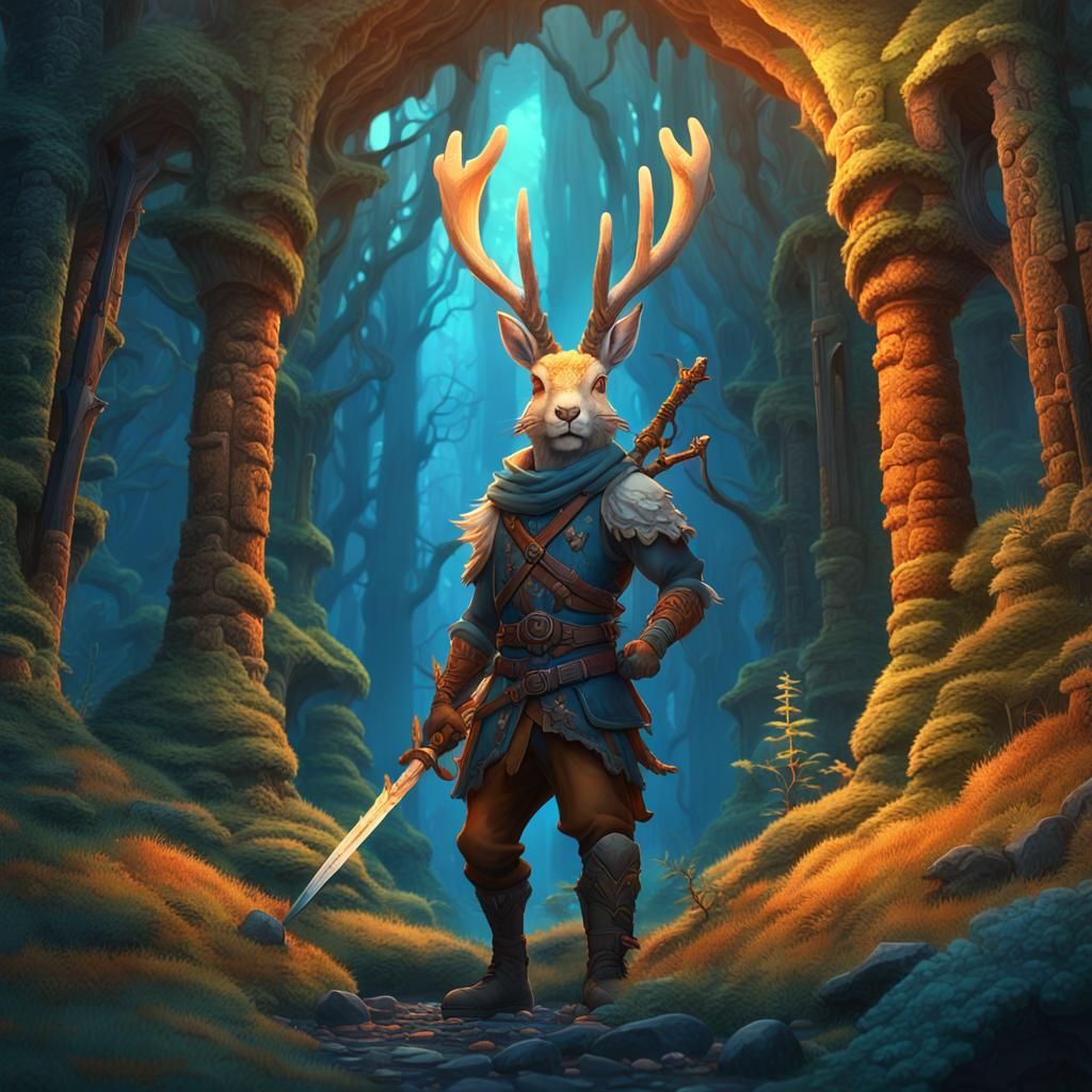 Jackalope-Human Hybrid Warrior in Mystic Forest Ruins