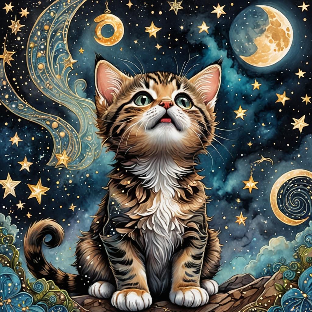 Tabby Kitten Howling at Starry Moon