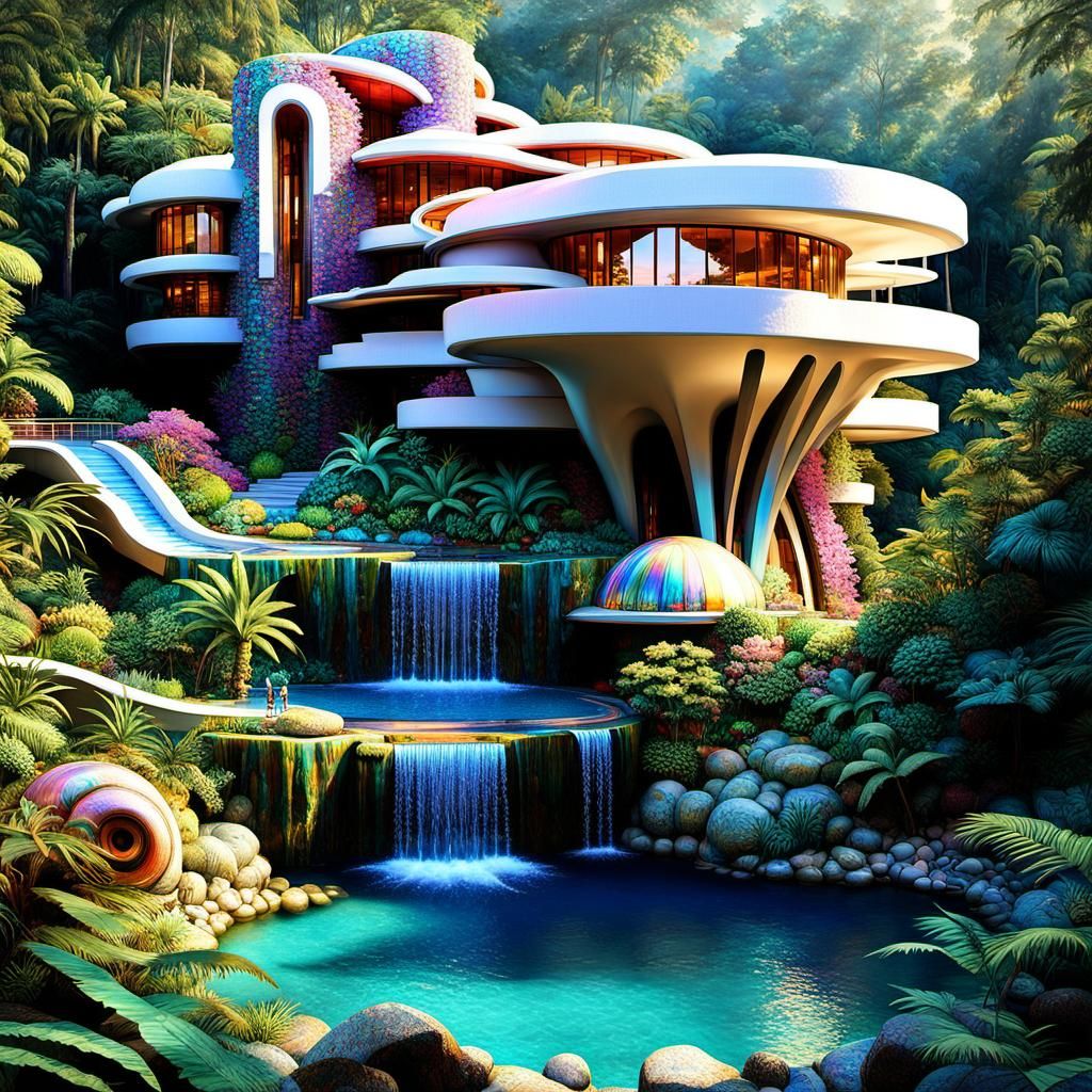 Futuristic Lovecraftian House in Jungle, Wright Architecture
