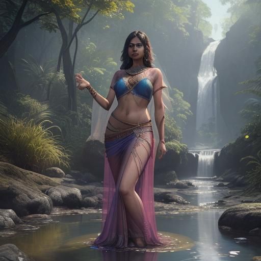 Woman in Saree by Stream: Digital Matte Painting
