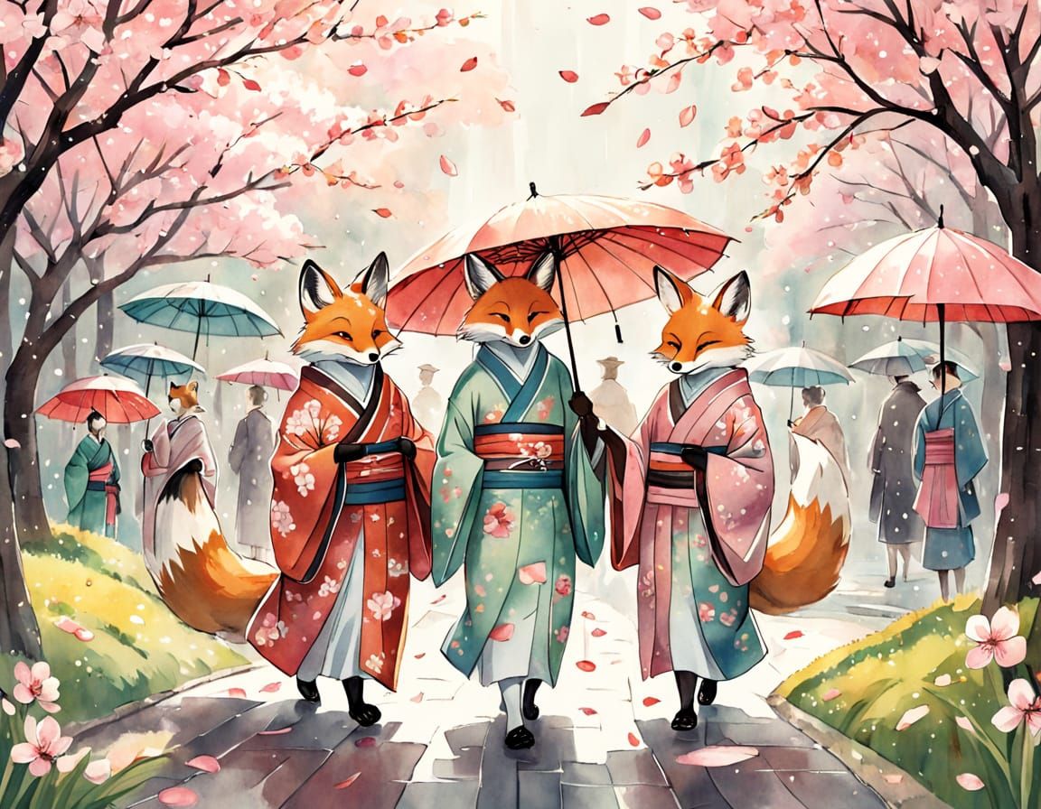 Fox People in Kimonos: Watercolor Folk Art