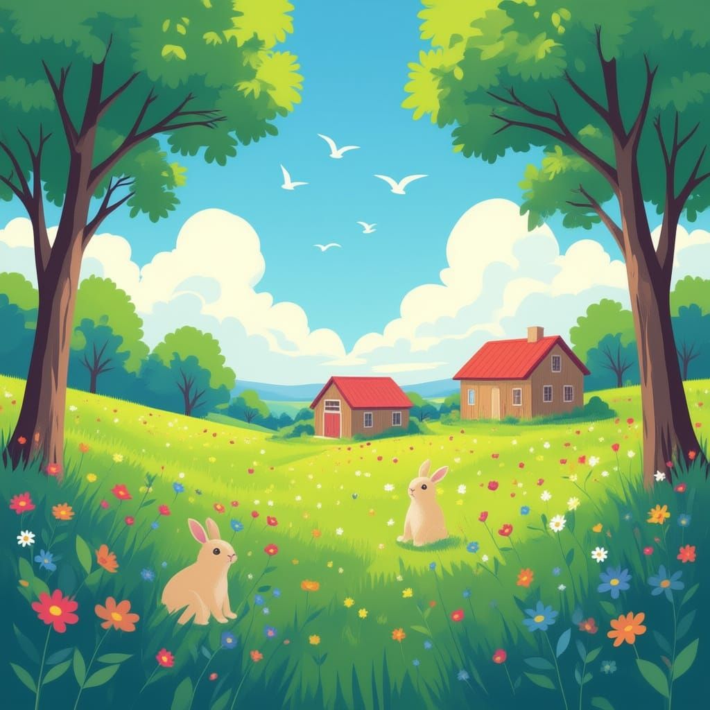 Vibrant Farm Landscape with Birds, Flowers, and Rabbits