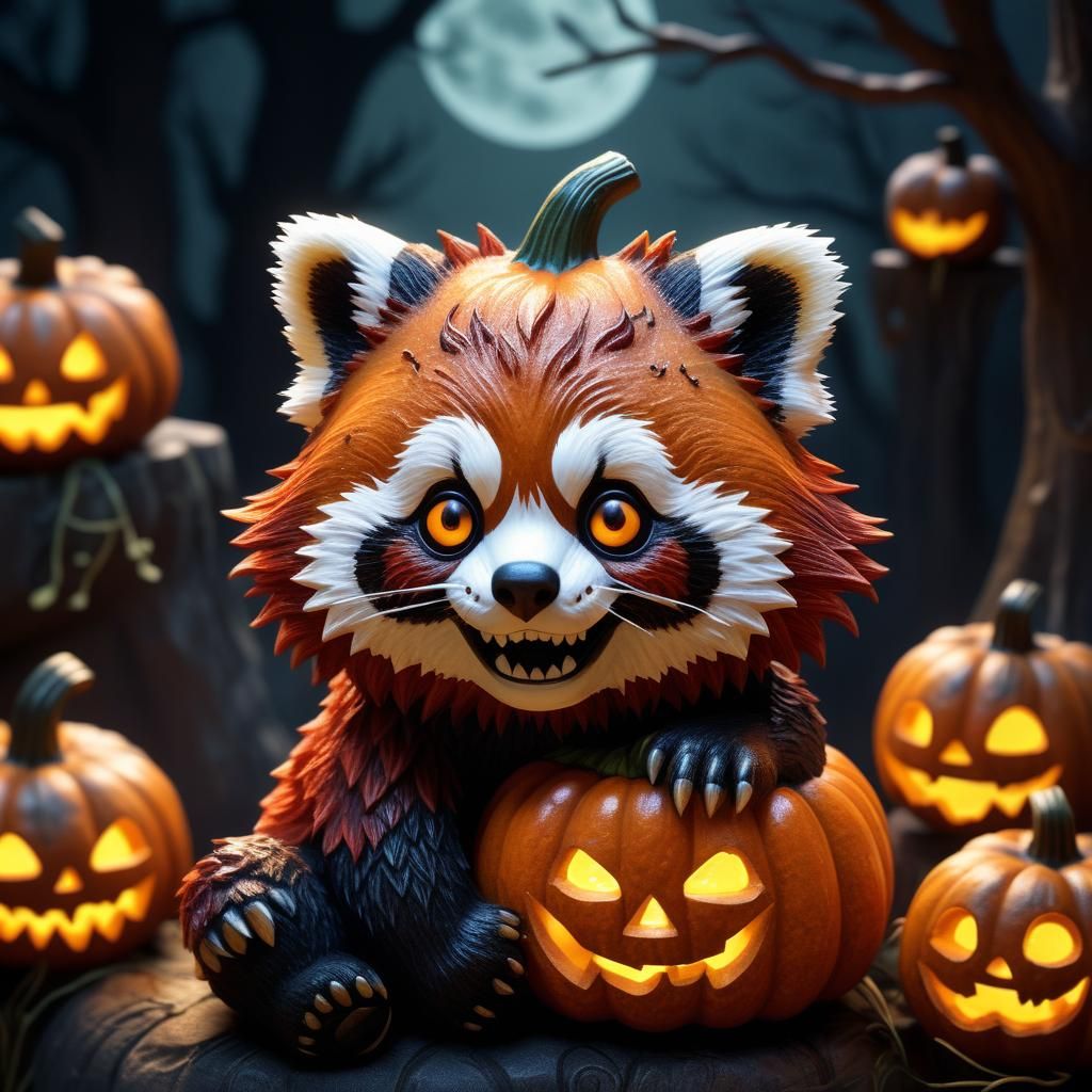 Red Panda in Spooky Halloween Pumpkin Illustration