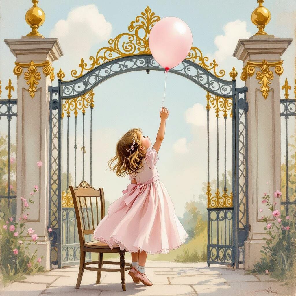 Girl Reaching for Balloon Amidst Ornate Gate in Gouache Styl...