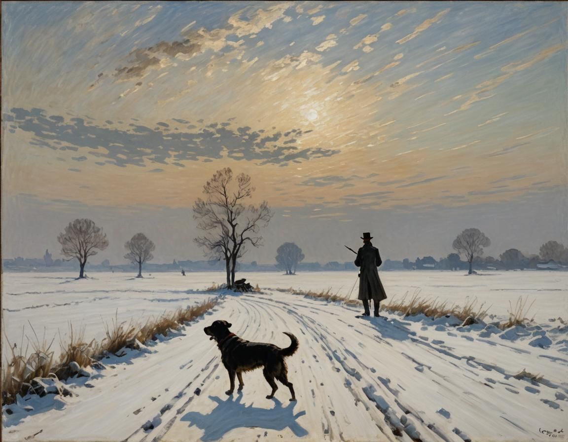 Vast Snowy Plain with Man and Dog, Impressionistic Style