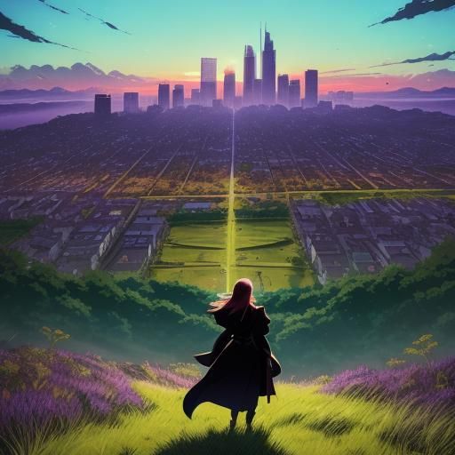 Anime Woman Silhouette Over Cityscape
