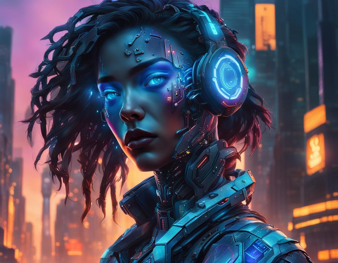 Cyberpunk Beauty: Cyborg Portrait in Neon Cityscape