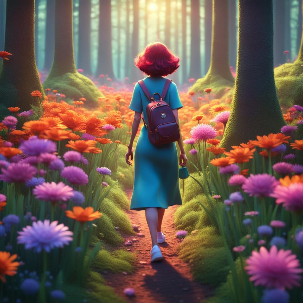 Woman with Flowers in Forest: 3D Digital Art