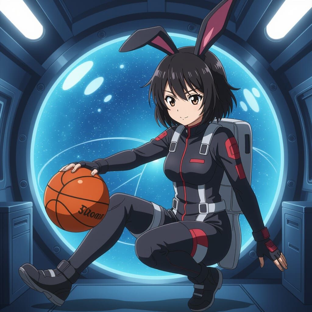Anime Woman Practicing Basketball in Spaceship
