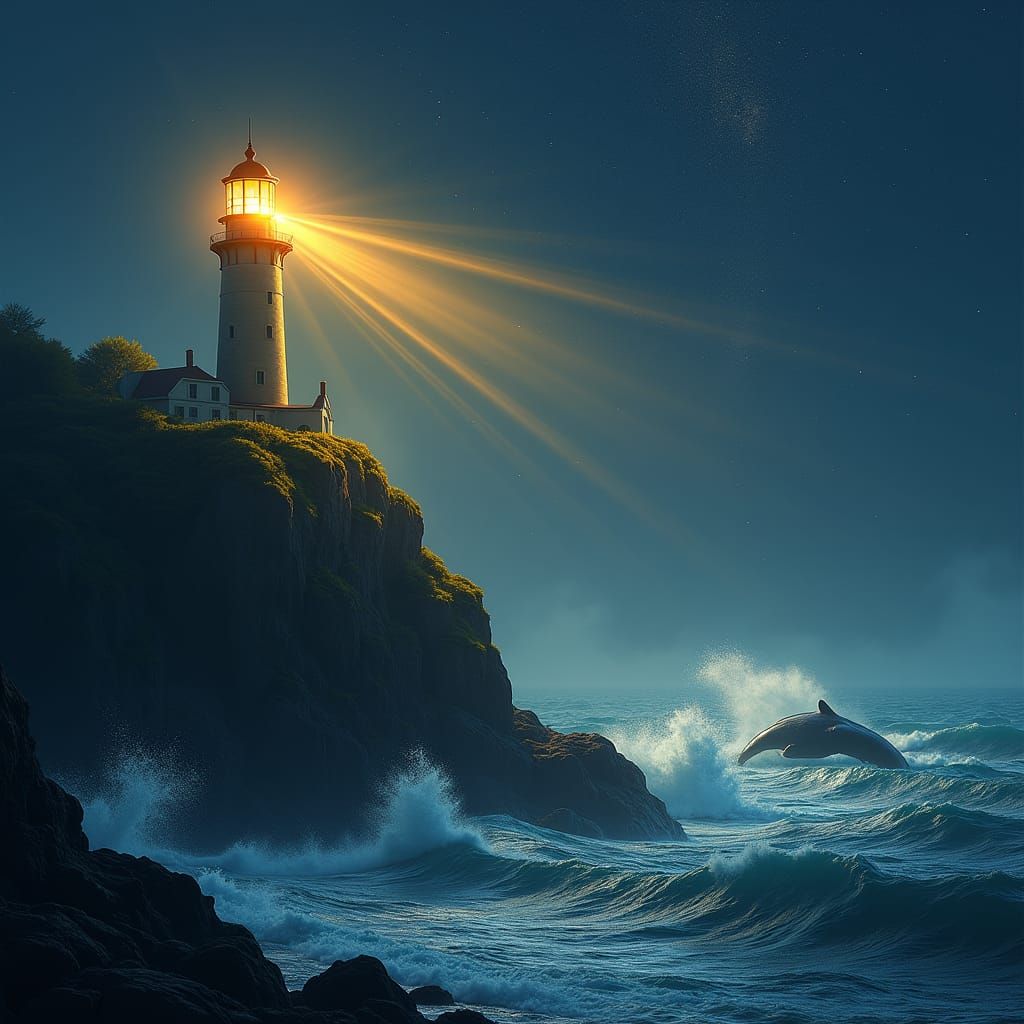 Lighthouse Beacon Under Starry Night Sky