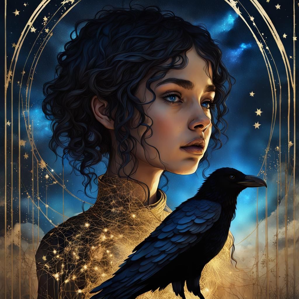 Magical Girl and Raven Gazing at Starlit Sky