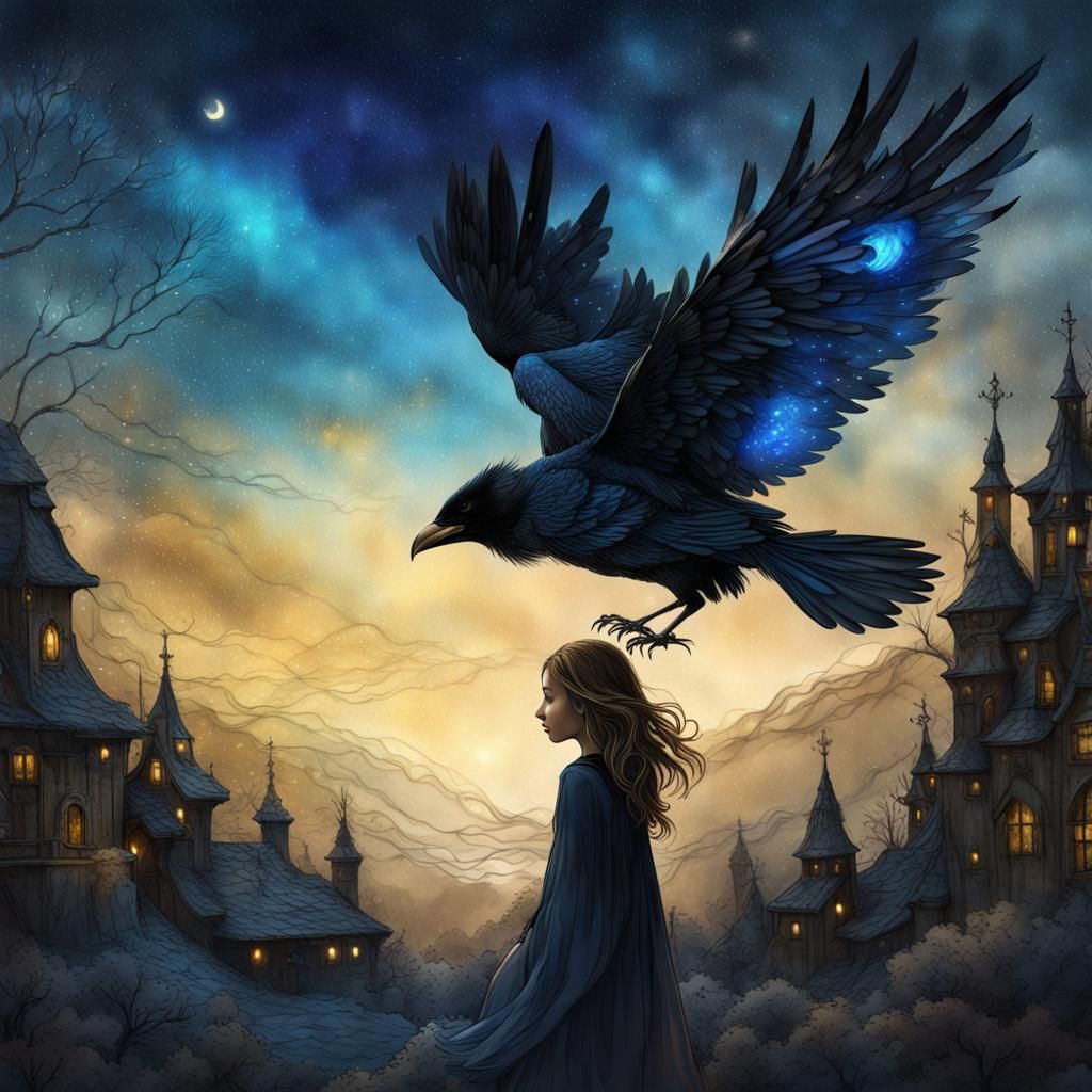 Magical Raven Starlit Sky Alcohol Ink Art