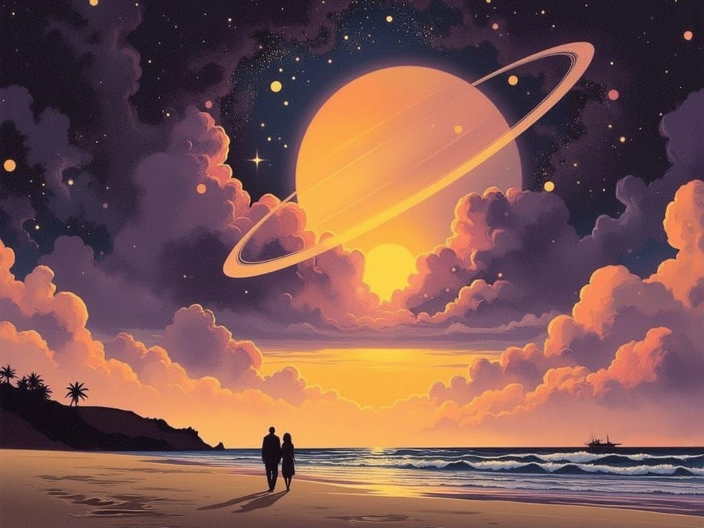 Surreal Beach Scene Blends Retro Futurism with Cosmic Wonder