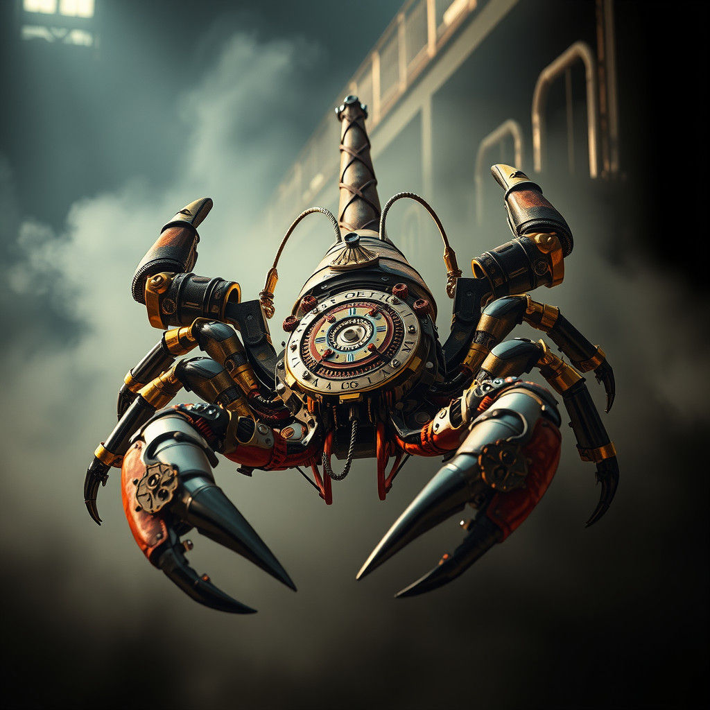 Steampunk Scorpion Robot in Industrial Setting