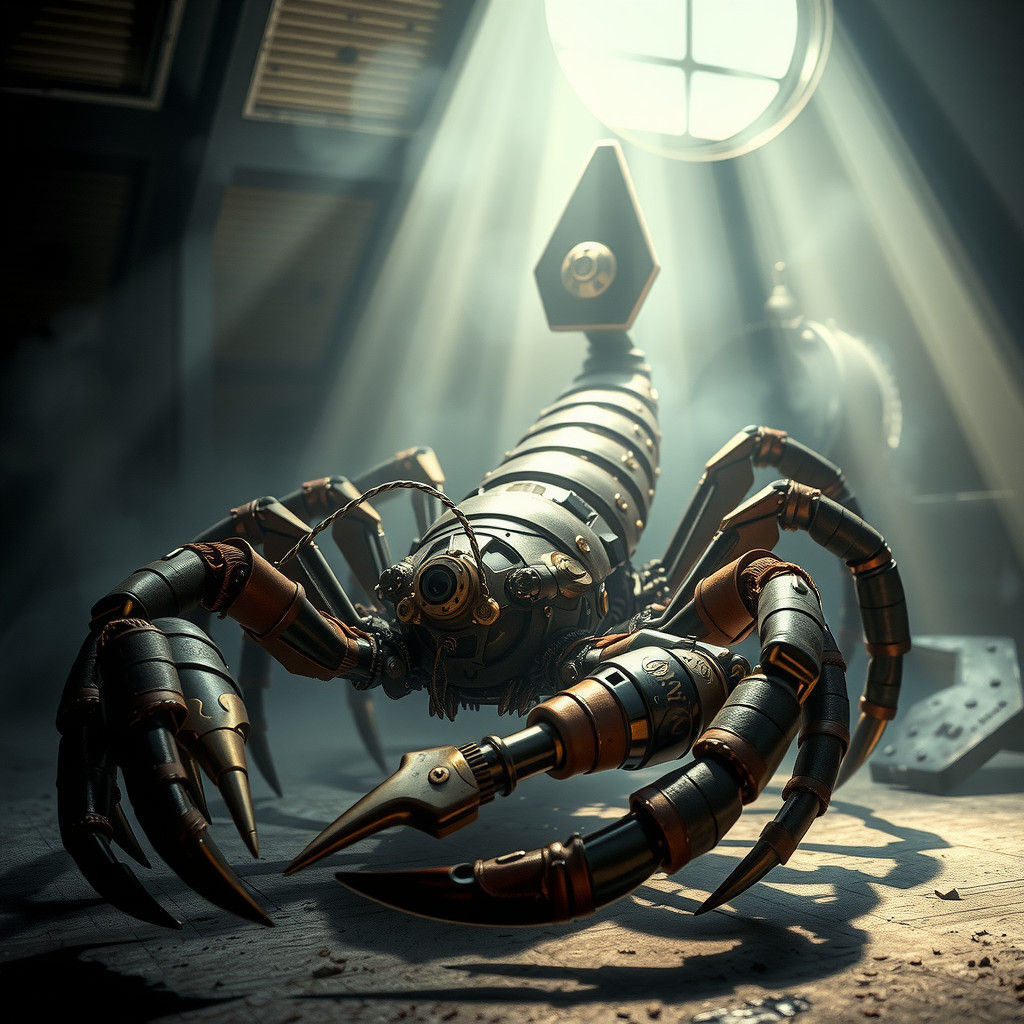 Steampunk Scorpion in Smoky Industrial Setting