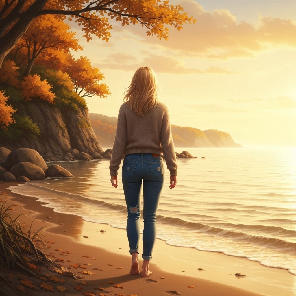 Woman Walking Autumn Beach in Golden Light