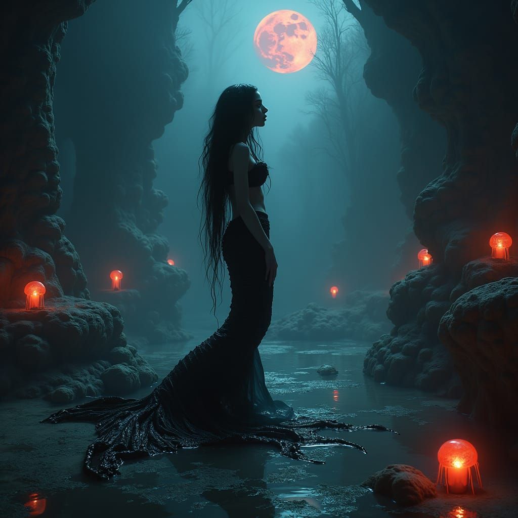 Gothic Mermaid in Underwater Cathedral: Digital Matte Painti...