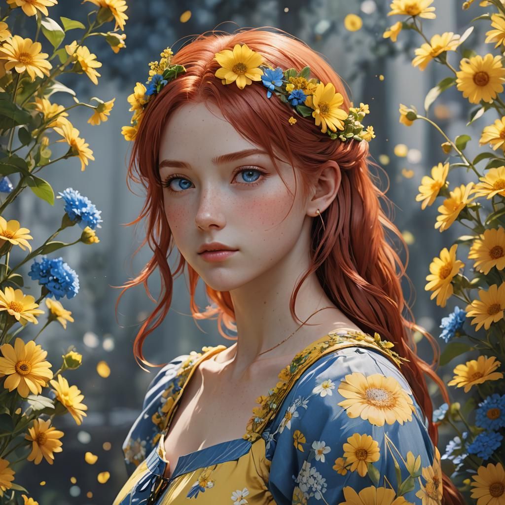 Anime Style Portrait of Red-Haired Woman in Yellow Dress