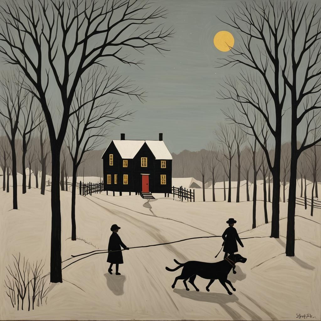 Naive Rural Landscape in Folk Art Style