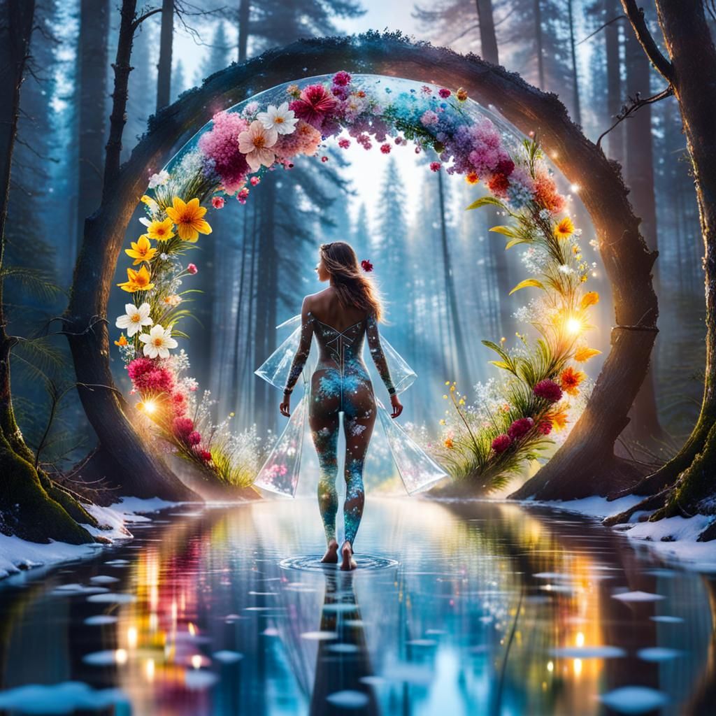 Floral Crystal Woman in Snowy Landscape