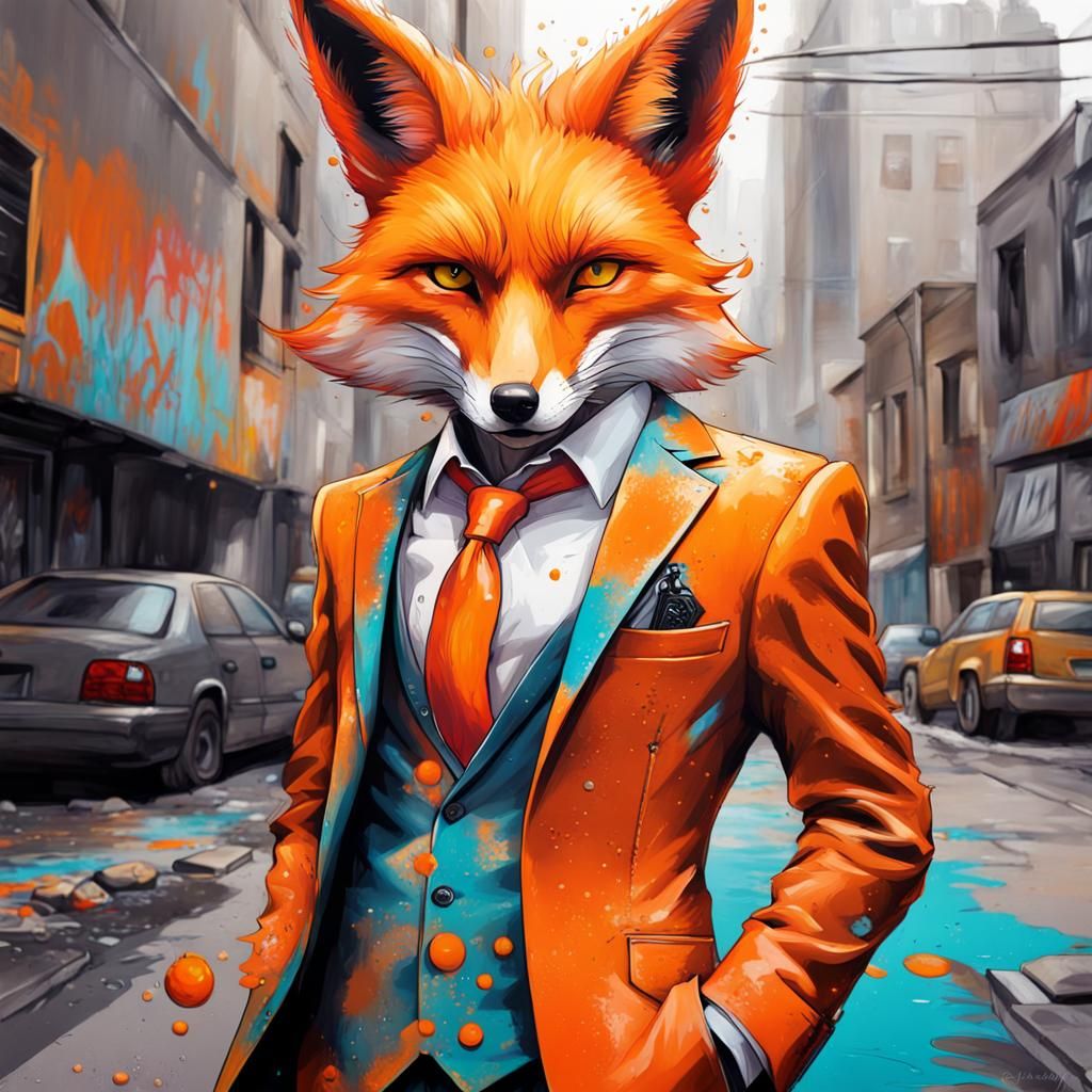 Fox Man in Suit Amidst Graffiti Art