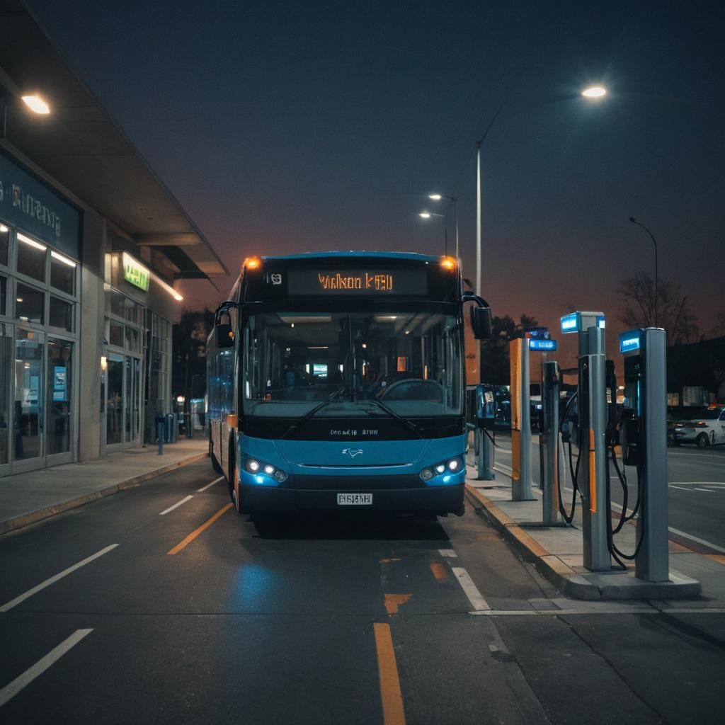 Epic Modern Bus Charging Station in High-Contrast Cinematic....