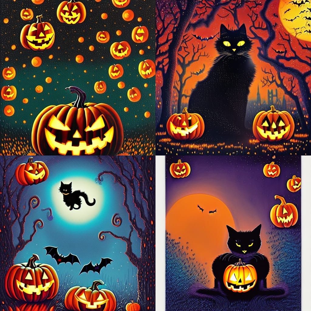 Halloween Black Cat and Jack-O'-Lantern Oil Painting