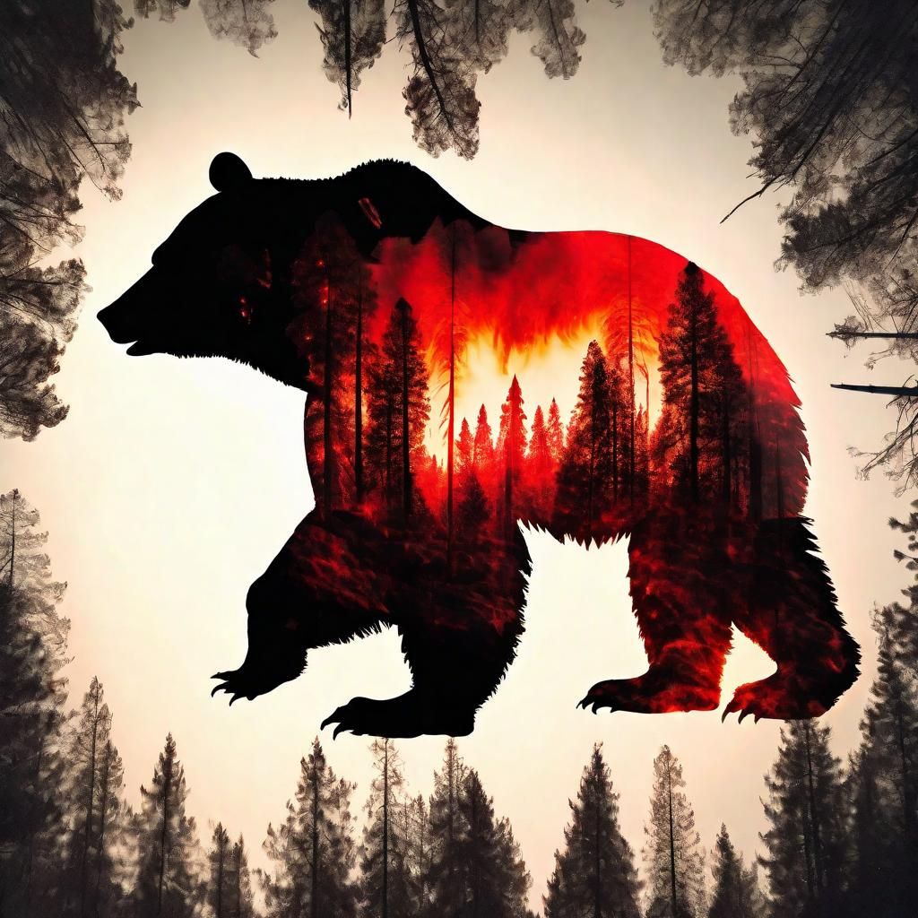 Dramatic Forest Fire Bear Double Exposure Art