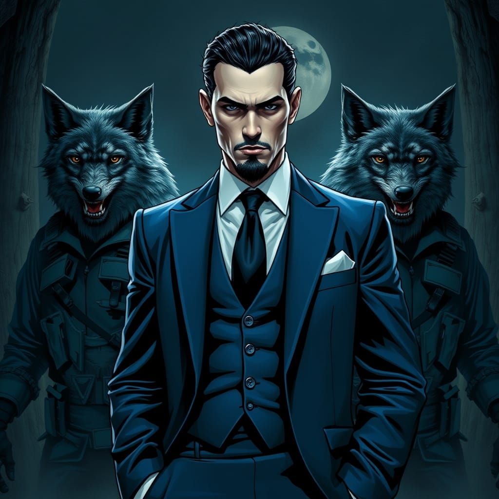 Dark Figure in Cobalt Blue Flanked by Snarling Werewolves in...