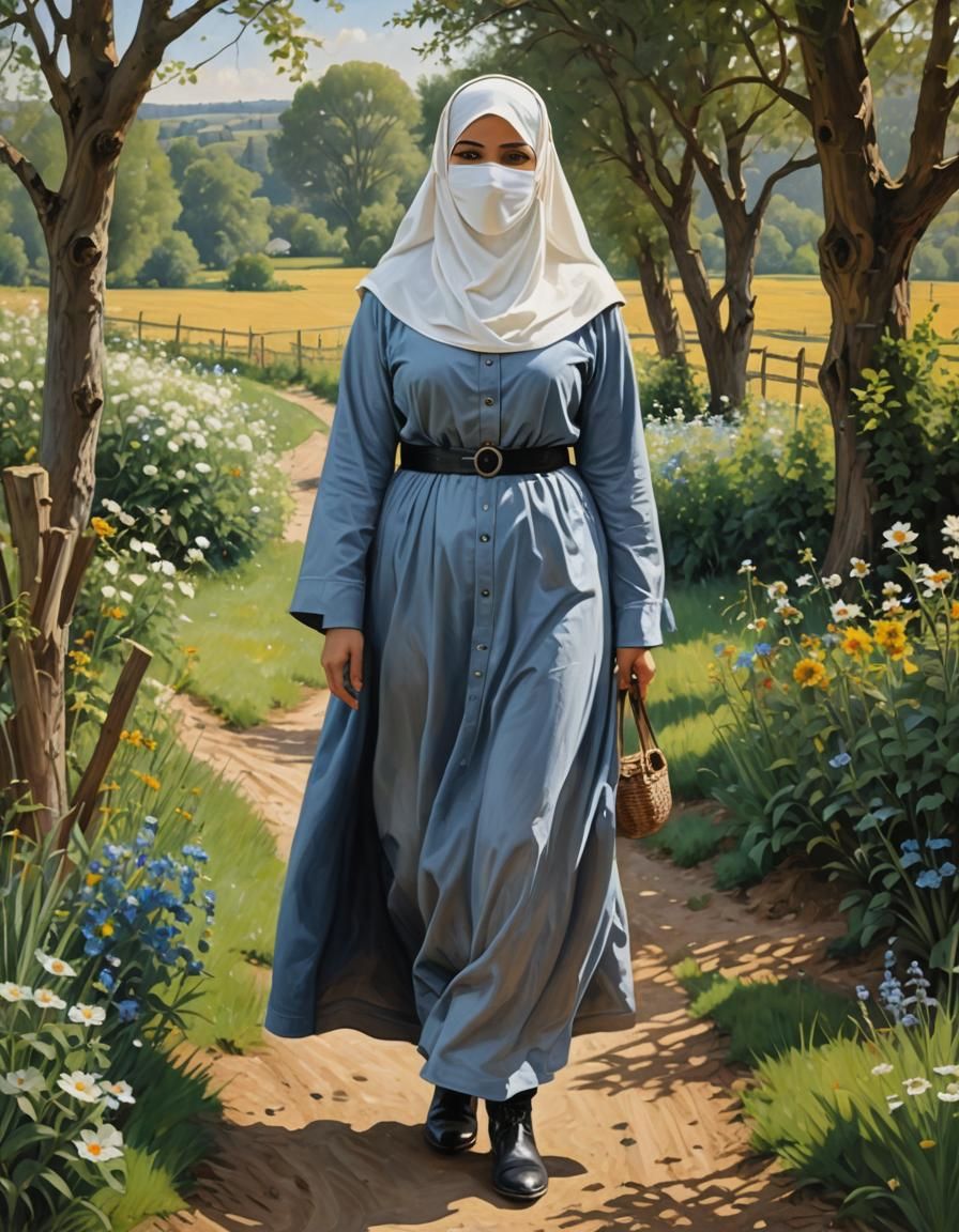 European Woman in Niqab in Countryside Oil Painting