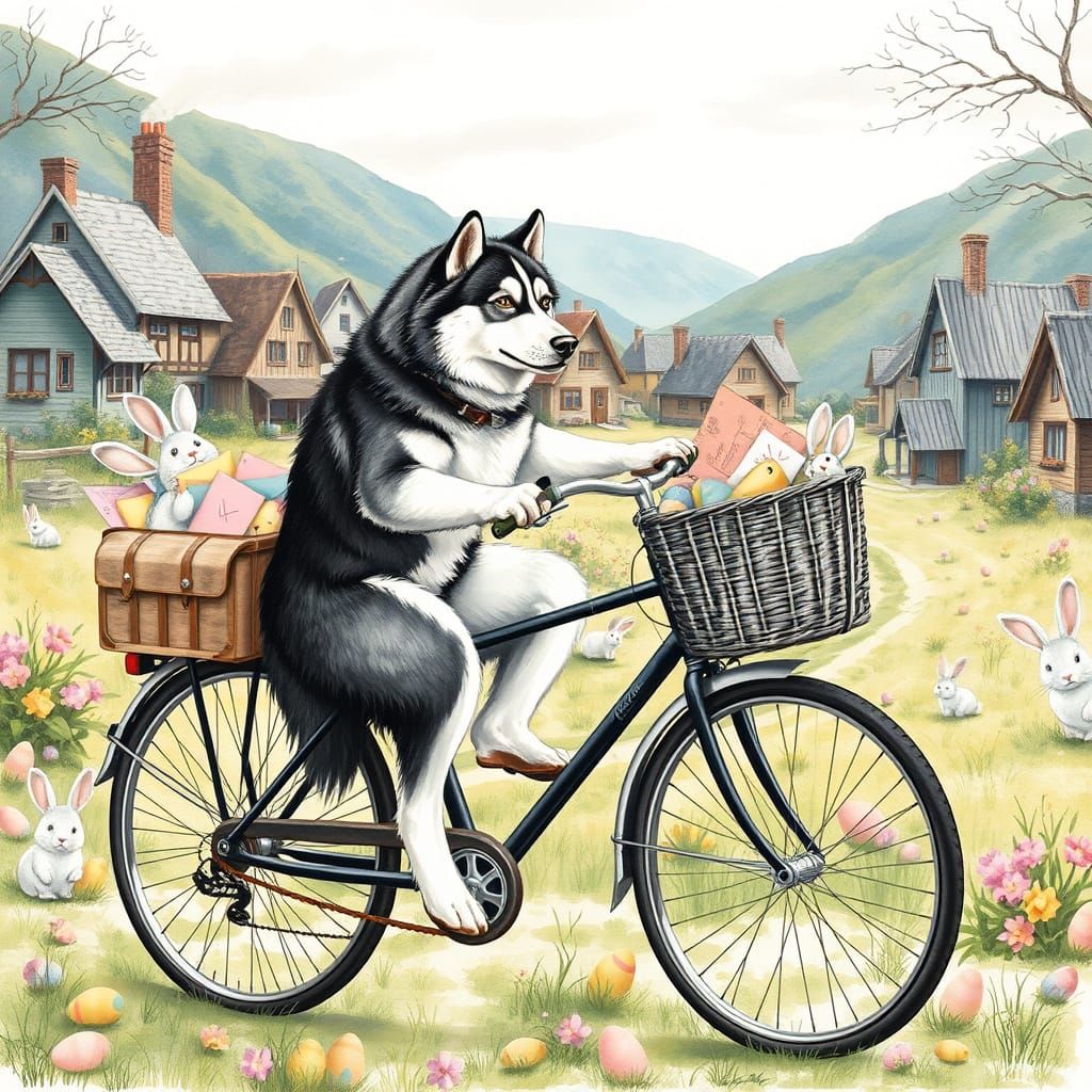 Serene Alaskan Malamute Rides Vintage Bicycle Through Whimsi...