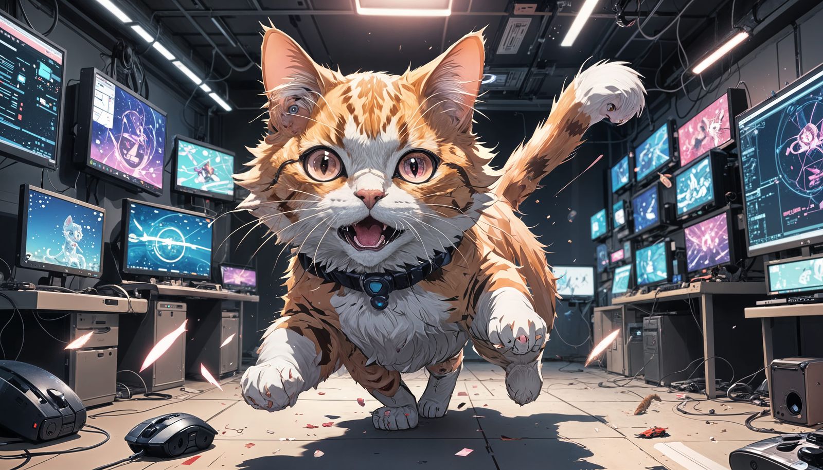 Glitched Digital Cat Chasing VR Mouse in Anime Style