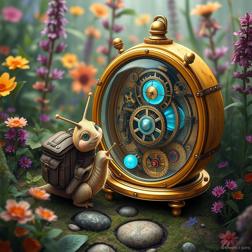 Happy Snail Discovers Alien Time Machine in Steampunk Garden