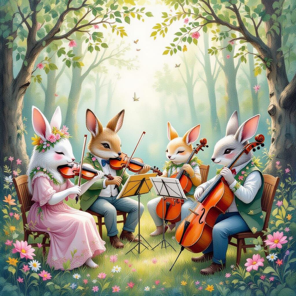 Whimsical Animal Orchestra in Forest Clearing