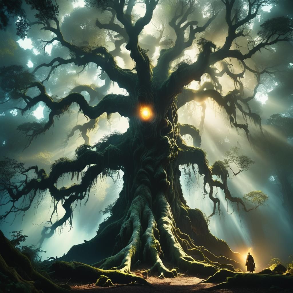 Giant Spirit Bonds with Colossal Tree in Dreamlike Scene