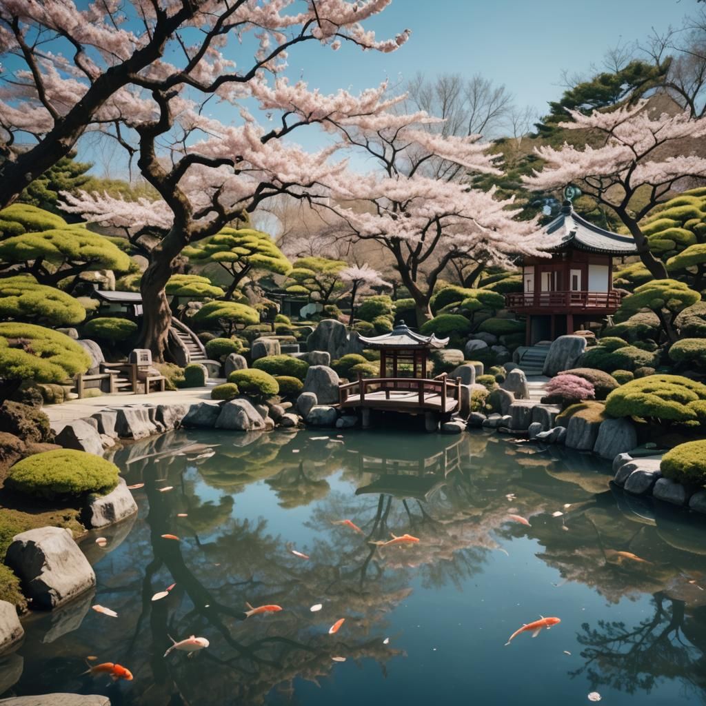 Serene Japanese Garden with Koi Pond and Tea House