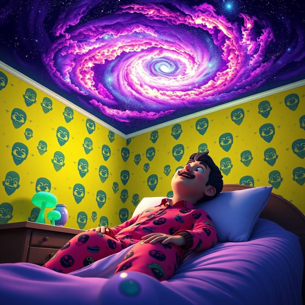 Cartoon Man in Halloween Pajamas Gazing at Galaxy