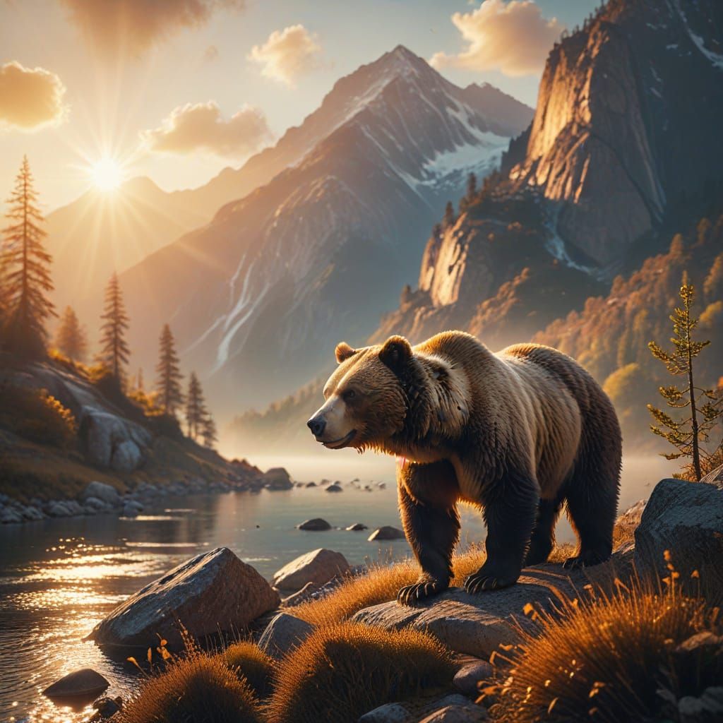 Surreal Bear Dives into Ocean Abyss Under Sunset Mountains