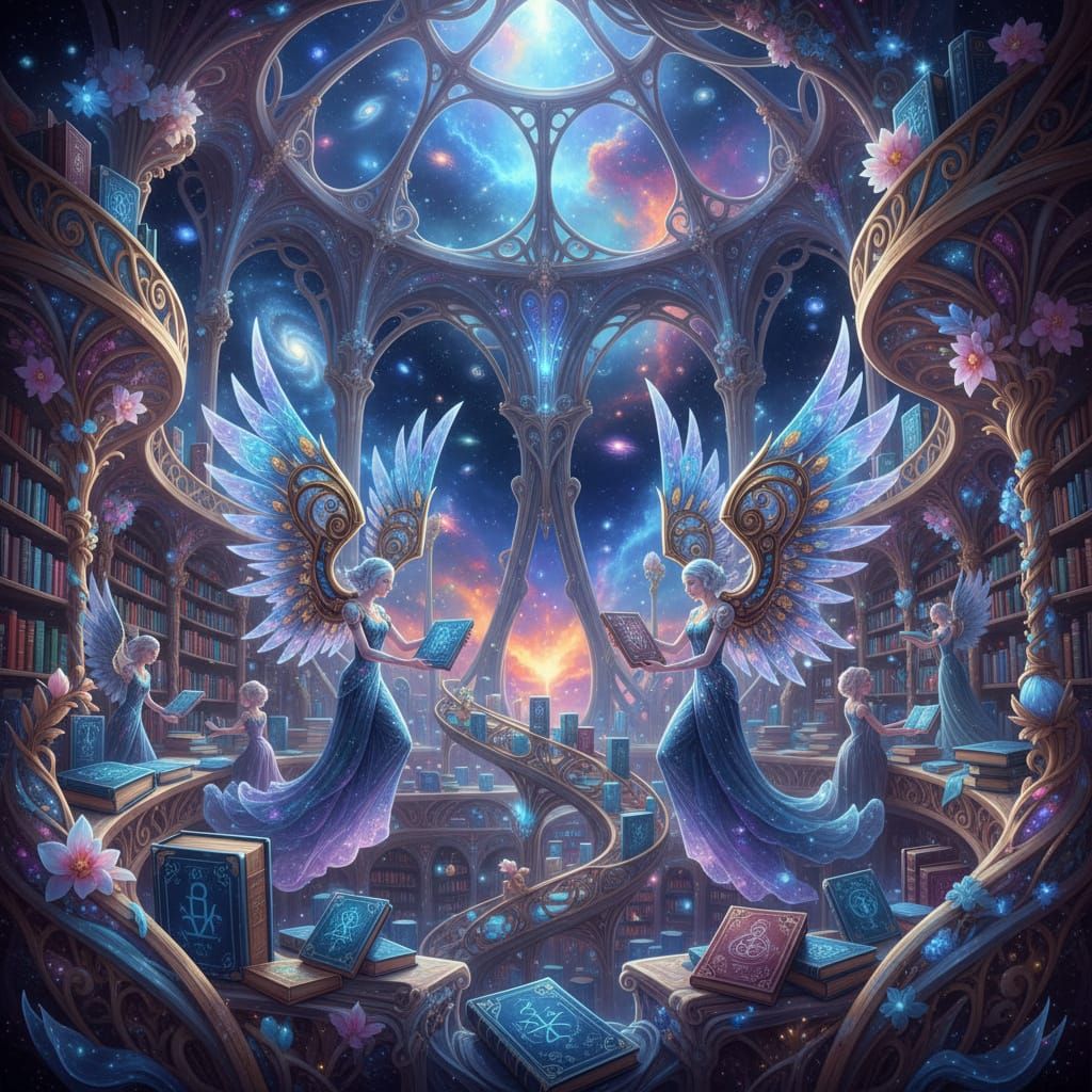 Cosmic Library with Celestial Beings Organizing Ethereal Boo...